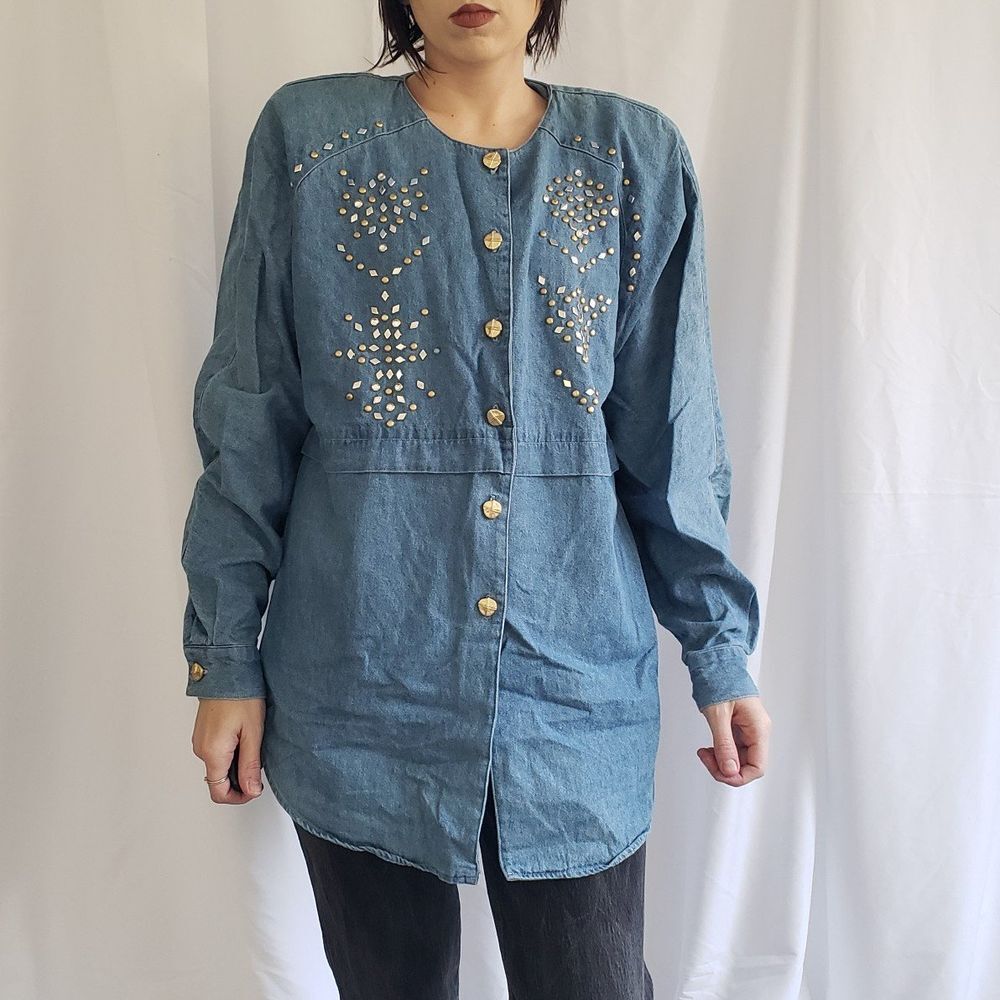 90s Saint Germain Bedazzled Denim Shirt - Picture 1 of 4